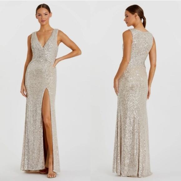 Mac Duggal 26598 Silver Sequin Wrap Waist Gown Formal Dress V Neck Nude Size 2 - Picture 1 of 10